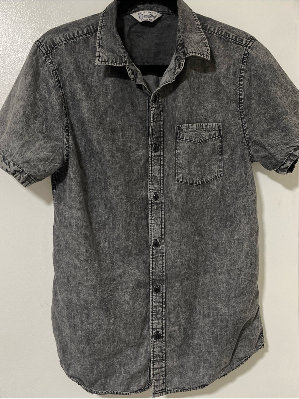 Vintage acid Washed Black Short-Sleeve Button-Down Shirt Slim Fit
